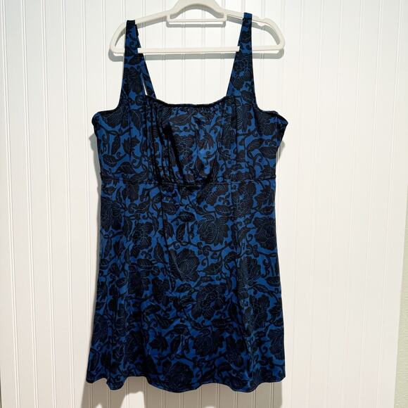 Lands' End Other - Lands End Blue Black Floral Swim Dress Square Neckline Underwire Plus Size 26